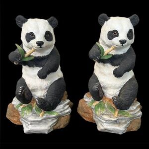 (2) Vintage ANDREA Panda Sitting on Rock #2995 Ceramic Figurines